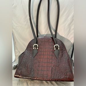 Donald J. Pilner Purse Brown Croco Embossed Leather Western Style Shoulder Strap